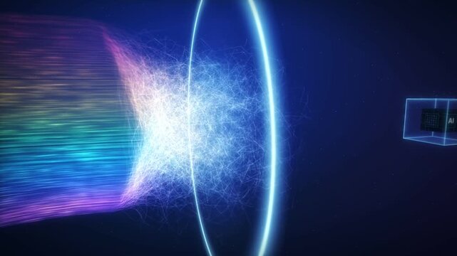 Chaotic data organized into rainbow streams flowing through an AI cube into analytics dashboards
