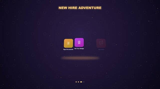 Gamified Employee Onboarding Interface Showing New Hire Tasks Lighting Up Sequentially, Motion Graphics