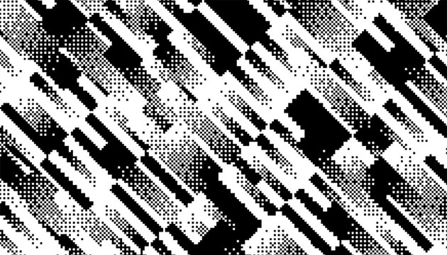 Black and white abstract and grunge sporty pattern with diagonal ways. Smooth transition pixel effect for modern background and jersey design. Vector format illustration. Eps10 