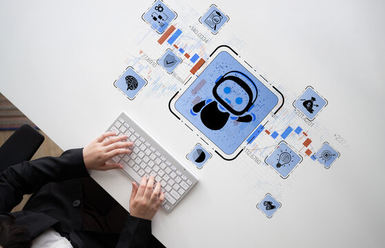 Person Using Keyboard with AI Interface and Robotic Elements Displayed on a Modern Desk with Graphical Representations in a Contemporary Office Setting Sigmoid