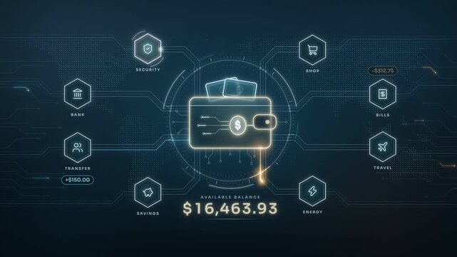 Digital wallet balance with income and expense transactions flowing to finance icons, seamless loop