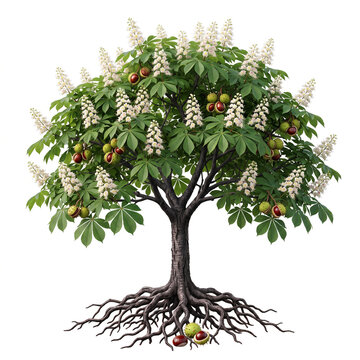 Horse Chestnut tree, broad canopy with white flower spikes and conkers, exposed roots, 11 ratio, isolated white background, ultra realistic 8K botanical photography, sharp detail, no shadow