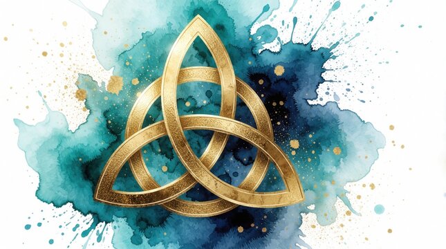 Golden triquetra symbol on blue watercolor splash background. Sacred geometry knot represents holy trinity, divine connection. Celtic knotwork design features metallic texture with gold splatters.