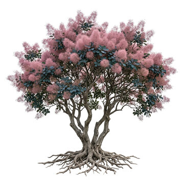 Mature Smoke Tree, multi-stemmed ornamental tree with airy rounded canopy and abundant fluffy smoky flower clusters, textured trunk and exposed roots, full tree visible