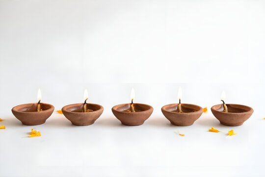 Five traditional clay divas glowing in perfect row on pure white background with scattered marigold petals - minimal Diwali background with large copy space for text, perfect for design.