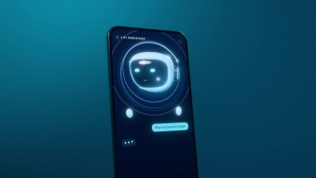 Smartphone AI assistant app plans a launch week as a robot mascot generates task, code and analytics panels