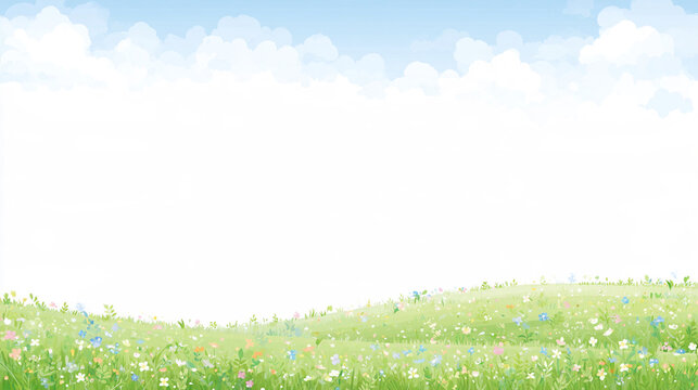 草原に小さな花が咲く爽やかな風景背景イラスト
