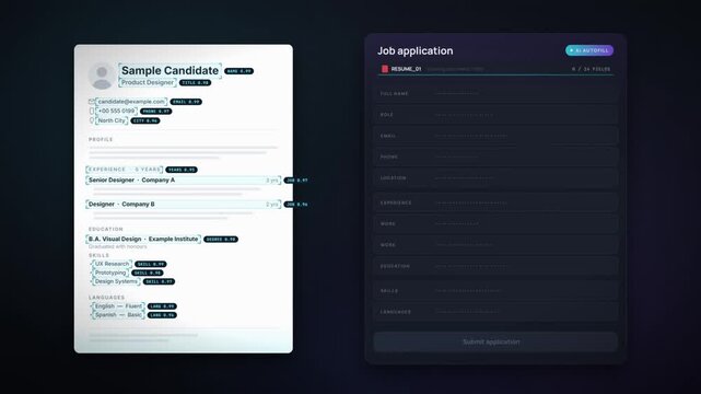 AI resume parsing autofills a job application form, extracting candidate details field by field
