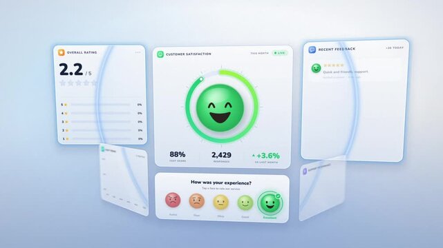 Customer feedback survey, emoji rating tapped to excellent, then a satisfaction dashboard builds up