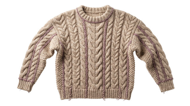 Cozy knit cable sweater, beige wool pullover jumper, warm winter knitwear apparel for fashion retail isolated PNG with Transparent Background