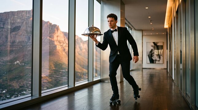 Waiter in tuxedo riding roller skates while holding silver cloche platter inside luxury restaurant
