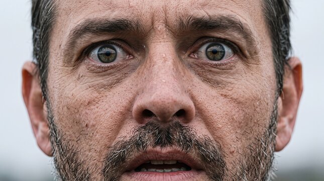 Terrified man face portrait with wide open eyes for psychological stress presentation