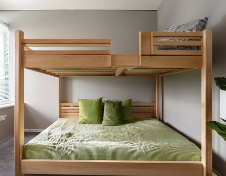 wooden bunk bed with drawers and green bedding