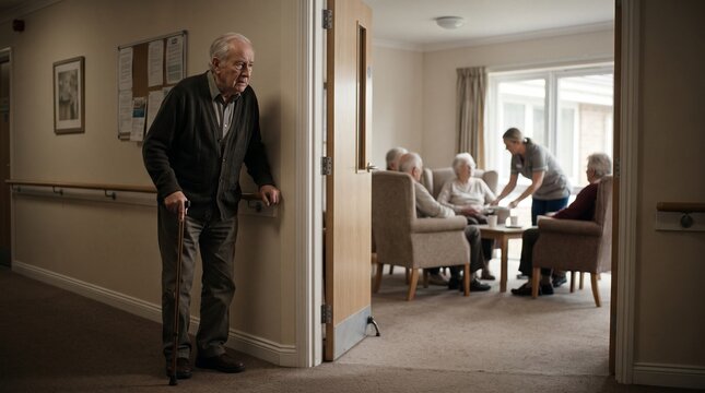 Anxious senior resident hesitating outside a communal lounge