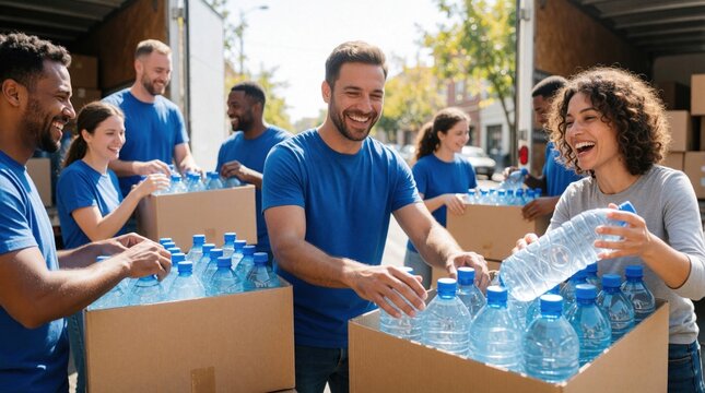Group of smiling diverse volunteers pack bottled water into cardboard boxes near delivery truck. Happy young people work together providing humanitarian aid, food relief. Team helps distribute