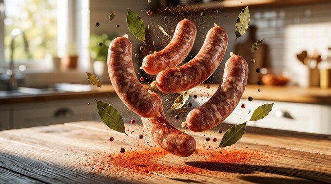 Raw pork sausages flying in air with spices, bay leaves. Fresh meat bratwursts levitating over wooden kitchen table with paprika powder. Dynamic food motion shot with herbs, peppercorns for culinary