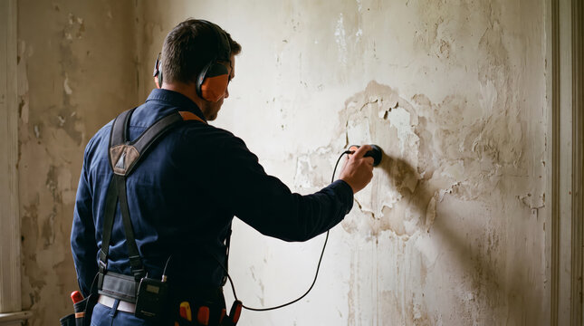 Professional using moisture meter on damaged wall in renovation project