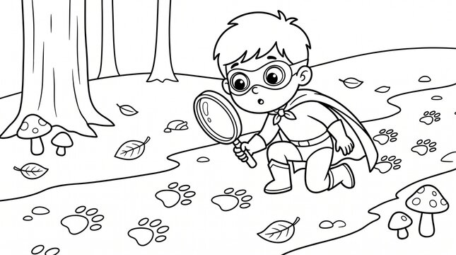 Charming illustration of a young boy reading in a whimsical forest setting