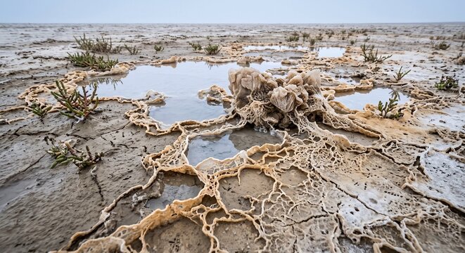 Mineral lace formations with water pools in a salt flat landscape  