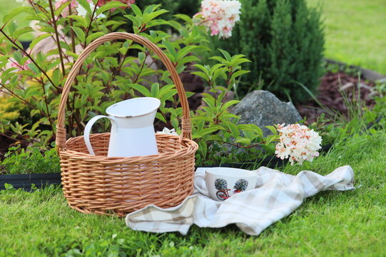 Wicker picnic basket with a light blue jug and fabric on a lush green lawn in a summer garden