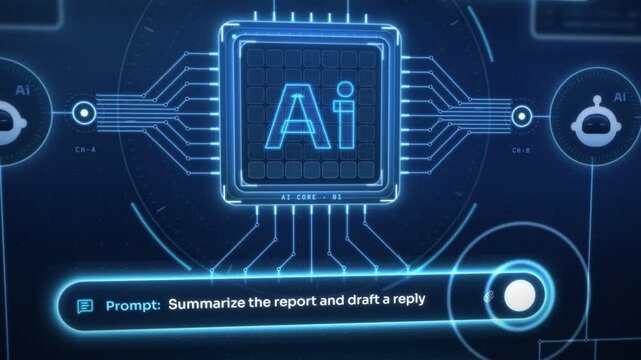 AI chip interface with chatbot prompt typing, AI assistant processing request and task dashboard