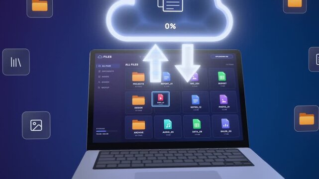 Laptop cloud sync animation, files upload and download between computer and glowing cloud to 100 percent