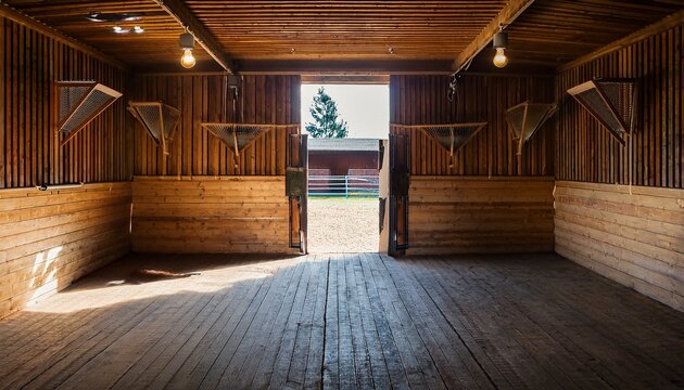 interior of modern wooden horse stable barn