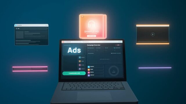 Ad campaign launch animation on laptop, marketing dashboard tracking impressions, clicks and conversions