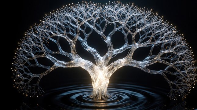 Abstract digital tree grows from glowing seed in dark space. Glowing network branches connect bright light nodes. Concept of artificial intelligence, big data, neural network expansion. Digital tree