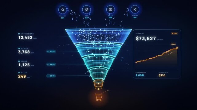 Marketing sales funnel dashboard, traffic from search, ads, email and social flowing into live conversions
