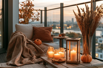 Obraz premium Cozy autumn balcony with candles, pumpkins, warm blankets and dried grasses overlooking the city at sunset