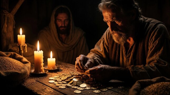 Rich man counts gold coins by candlelight in dark barn. Jesus watches from shadows with solemn eyes. Man focuses on money near grain sacks. Biblical scene shows contrast between material wealth,