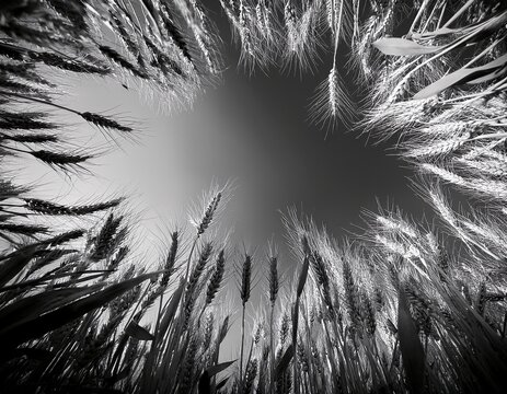 a black and white photo of a field of wheat vertical frame