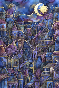 Cat and sun-moon serve as accent symbols of the composition. Bright watercolor spots of blue, red, violet, and light blue add dynamism and contrast. 