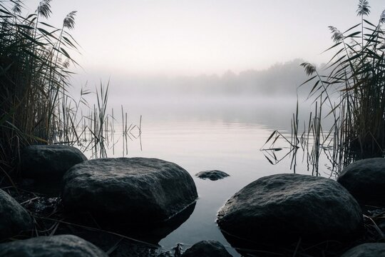 Large rocks sit in calm lake water under thick morning mist. Tall reeds, grass grow along shoreline in foggy weather. Peaceful landscape shows quiet river at dawn with soft light. Serene nature scene
