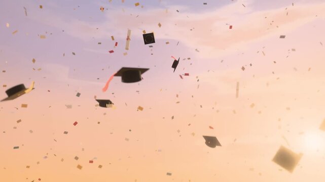 Graduation caps and confetti tossed in sunset sky, seamless loop celebration background