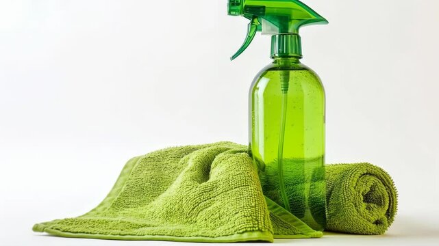 Green Spray Bottle and Microfiber Cloth for Cleaning and Disinfection