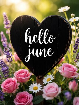 Black heart shaped wooden sign with white Hello June text. Pink roses, lavender, white daisies surround rustic board. Summer garden flowers create beautiful seasonal greeting. Decorative spring bloom