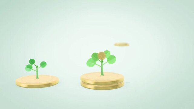 Money tree sprouts on rising gold coin stacks with upward growth arrow, savings and investment concept