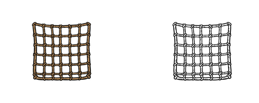 Rope cargo net illustration with brown cords and blue mesh in colored cartoon and black outline style isolated on white background