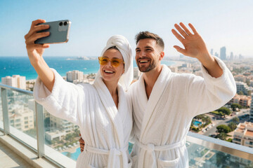 Fototapeta premium Young happy couple takes selfie on hotel balcony. Man waves hand woman holds smartphone. Lovers wear white bathrobes during summer vacation. Scenic ocean view with city buildings, coast in