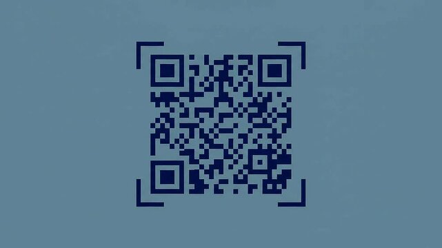 Animated QR code assembling inside scanning brackets on blue