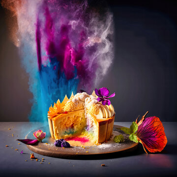 Sliced golden tart revealing a vibrant rainbow filling. Dessert with creamy topping and edible flowers next to a powdery purple and blue smoke explosion
