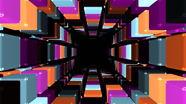 Abstract Digital Tunnel Composed of Vibrant Colorful Floating 3D Cubes Creating a Deep Infinite Geometric Perspective Background