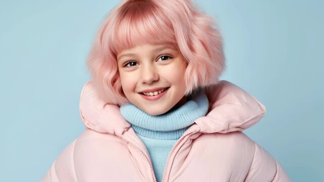 Smiling Girl with Pink Hair and a Pink Puffer Jacket