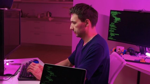 Solo software engineer working through technical issues late at night. Dedicated coder in dim lighting diagnosing problems on open computer case with intense concentration