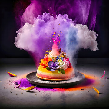 Layered dessert with colorful flowers on a dark plate. Dramatic explosion of purple and blue powder cloud. Creative food concept