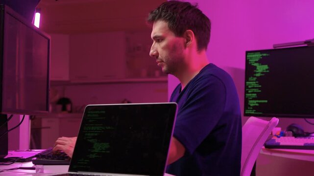 Solo software engineer working through technical issues late at night. Dedicated coder in dim lighting diagnosing problems on open computer case with intense concentration