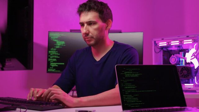 Solo software engineer working through technical issues late at night. Dedicated coder in dim lighting diagnosing problems on open computer case with intense concentration