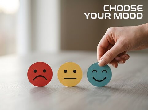 Hand choosing between mood faces representing emotional wellbeing and mental health concepts